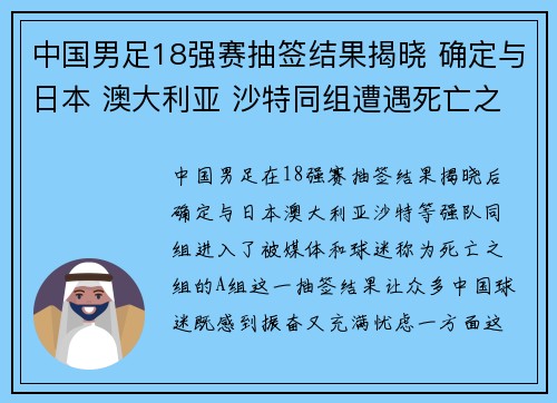 中国男足18强赛抽签结果揭晓 确定与日本 澳大利亚 沙特同组遭遇死亡之组 中国男足18强赛抽签结果揭晓 确定与日本 澳大利亚 沙特同组遭遇死亡之组