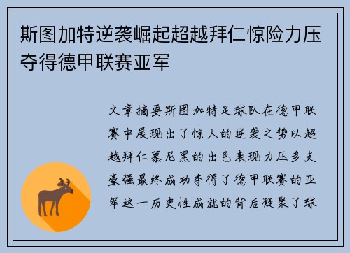 斯图加特逆袭崛起超越拜仁惊险力压夺得德甲联赛亚军