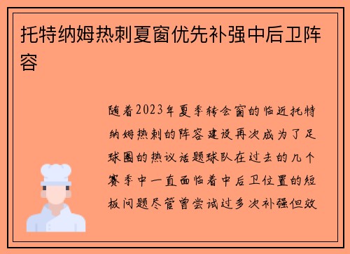 托特纳姆热刺夏窗优先补强中后卫阵容